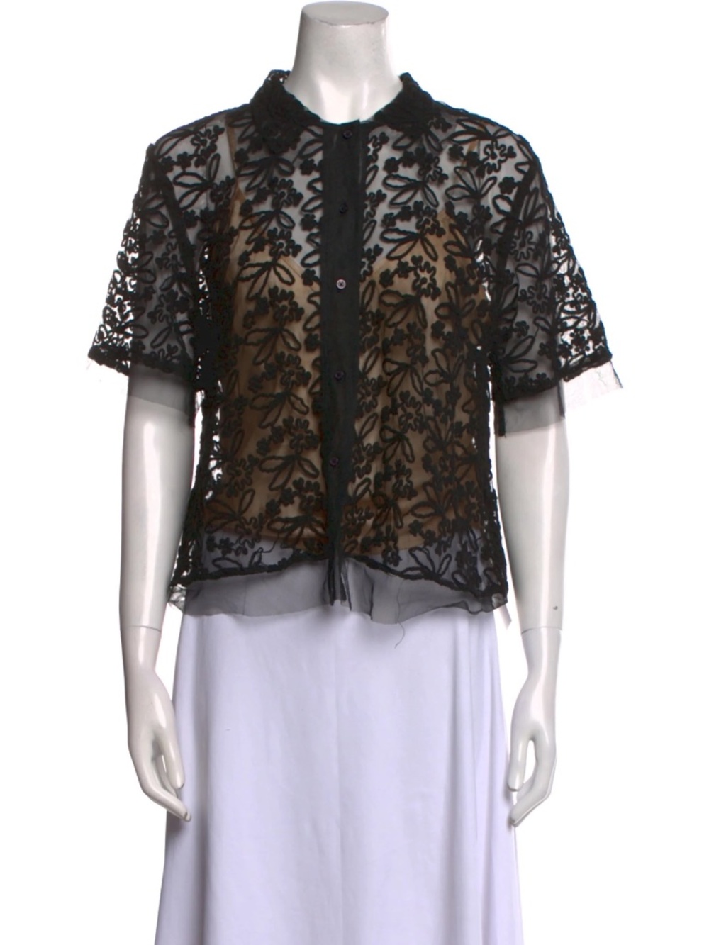 The GREAT Lace Pattern Short Sleeve Blouse Button up Collar Black Small